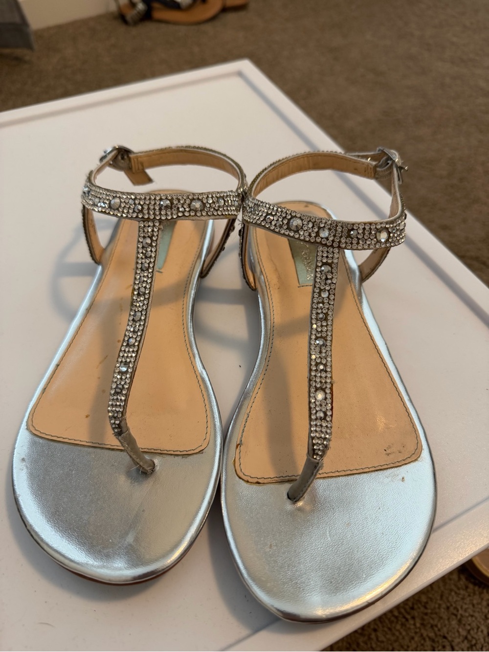 Betsey Johnson Silver Rhinestone T-Strap Flat Sandals